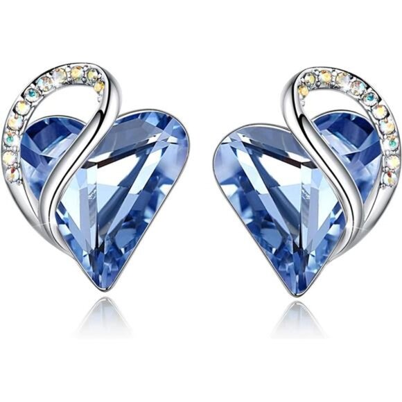 Silver Heart Birthstone Stud Earrings Crystal Jewelry Gift for Women Mom - Picture 1 of 7